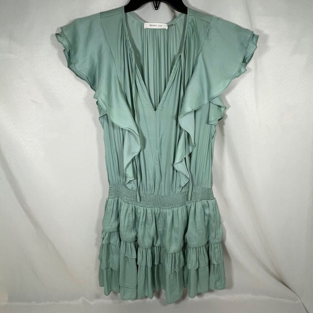Mustard Seed Sage Green Ruffle Mini Dress Smocked Waist V-Neck Boho Size M